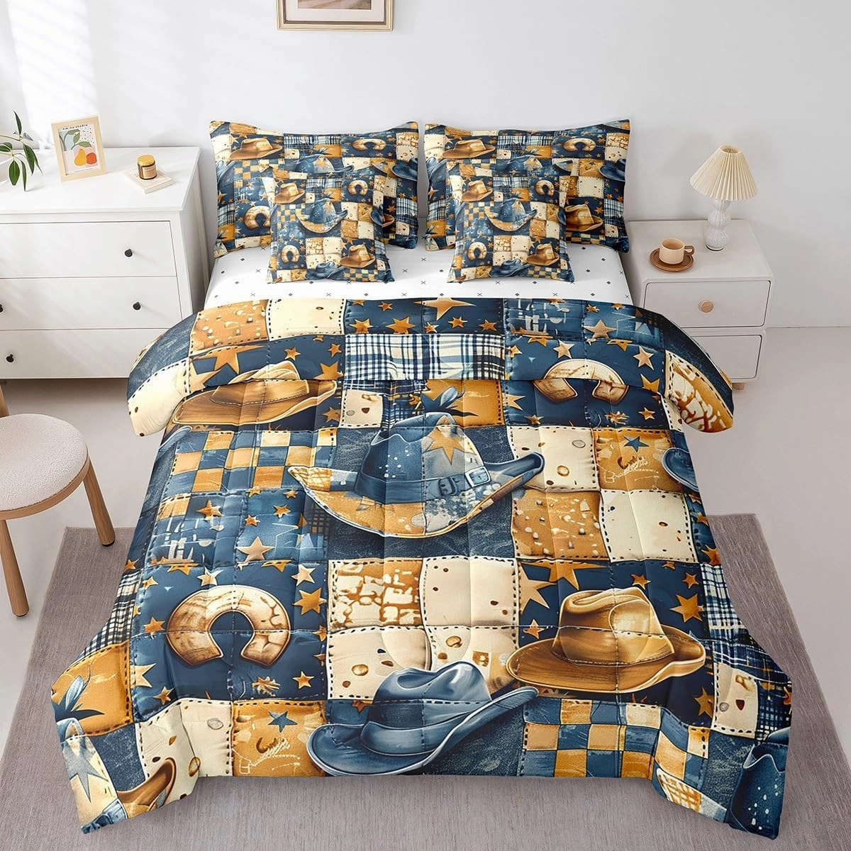 Feelyou Blue Brown Western Decor Twin Comforter Set with Sheets for Girls Boys Kids Wild West Cowboy Bed in a Bag Horseshoe 7 Pieces Bedding Set Grunge Design Bed Set