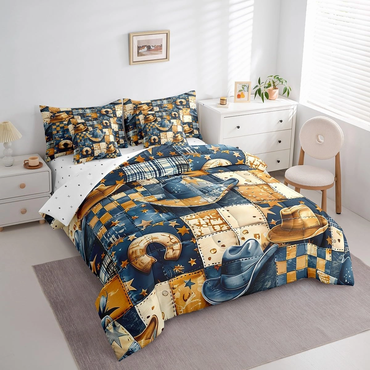 Feelyou Blue Brown Western Decor Twin Comforter Set with Sheets for Girls Boys Kids Wild West Cowboy Bed in a Bag Horseshoe 7 Pieces Bedding Set Grunge Design Bed Set