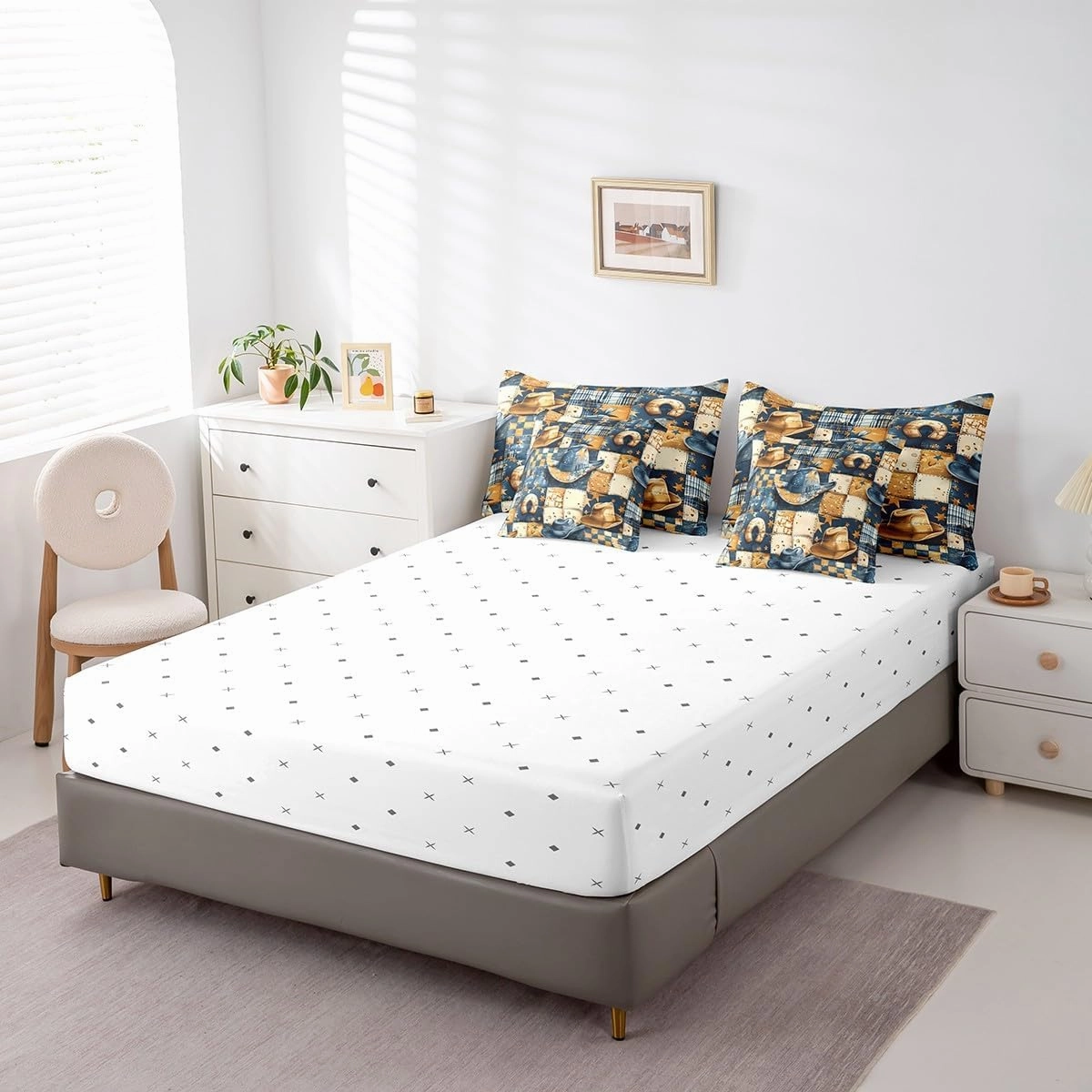 Feelyou Blue Brown Western Decor Twin Comforter Set with Sheets for Girls Boys Kids Wild West Cowboy Bed in a Bag Horseshoe 7 Pieces Bedding Set Grunge Design Bed Set