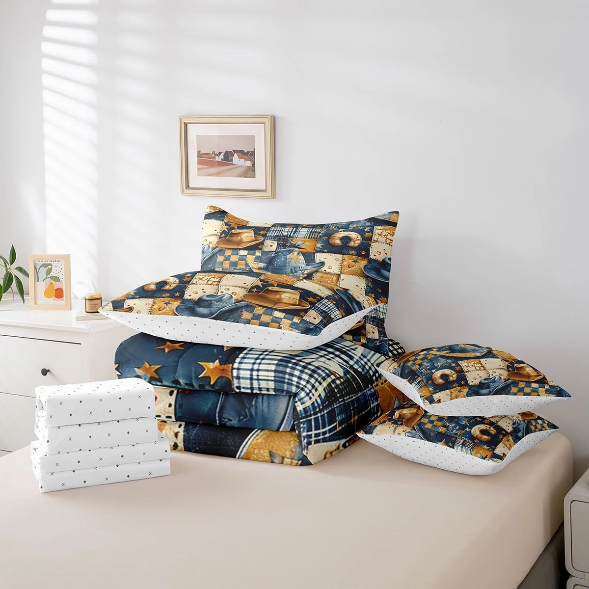 Feelyou Blue Brown Western Decor Twin Comforter Set with Sheets for Girls Boys Kids Wild West Cowboy Bed in a Bag Horseshoe 7 Pieces Bedding Set Grunge Design Bed Set