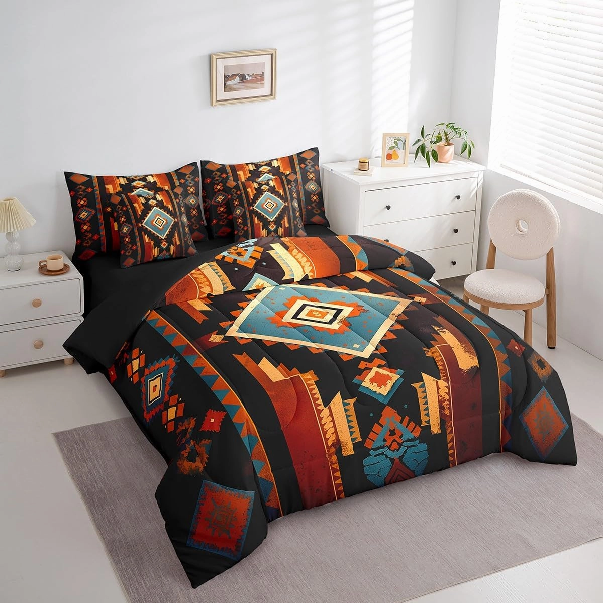 Feelyou Boho 7 Pieces Bedding Set Queen Size Western Decor Comforter Set with Sheets for Kids Boys Girls Southwest Native American Design Bed in a Bag Southwestern Geometric Bed Set