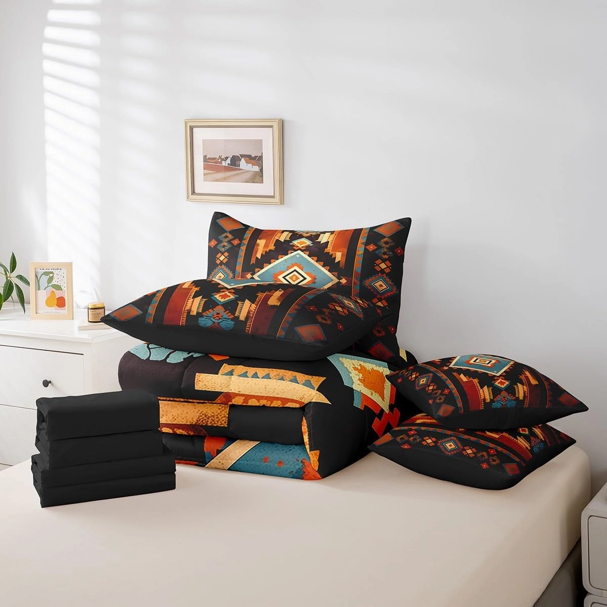 Feelyou Boho 7 Pieces Bedding Set Queen Size Western Decor Comforter Set with Sheets for Kids Boys Girls Southwest Native American Design Bed in a Bag Southwestern Geometric Bed Set