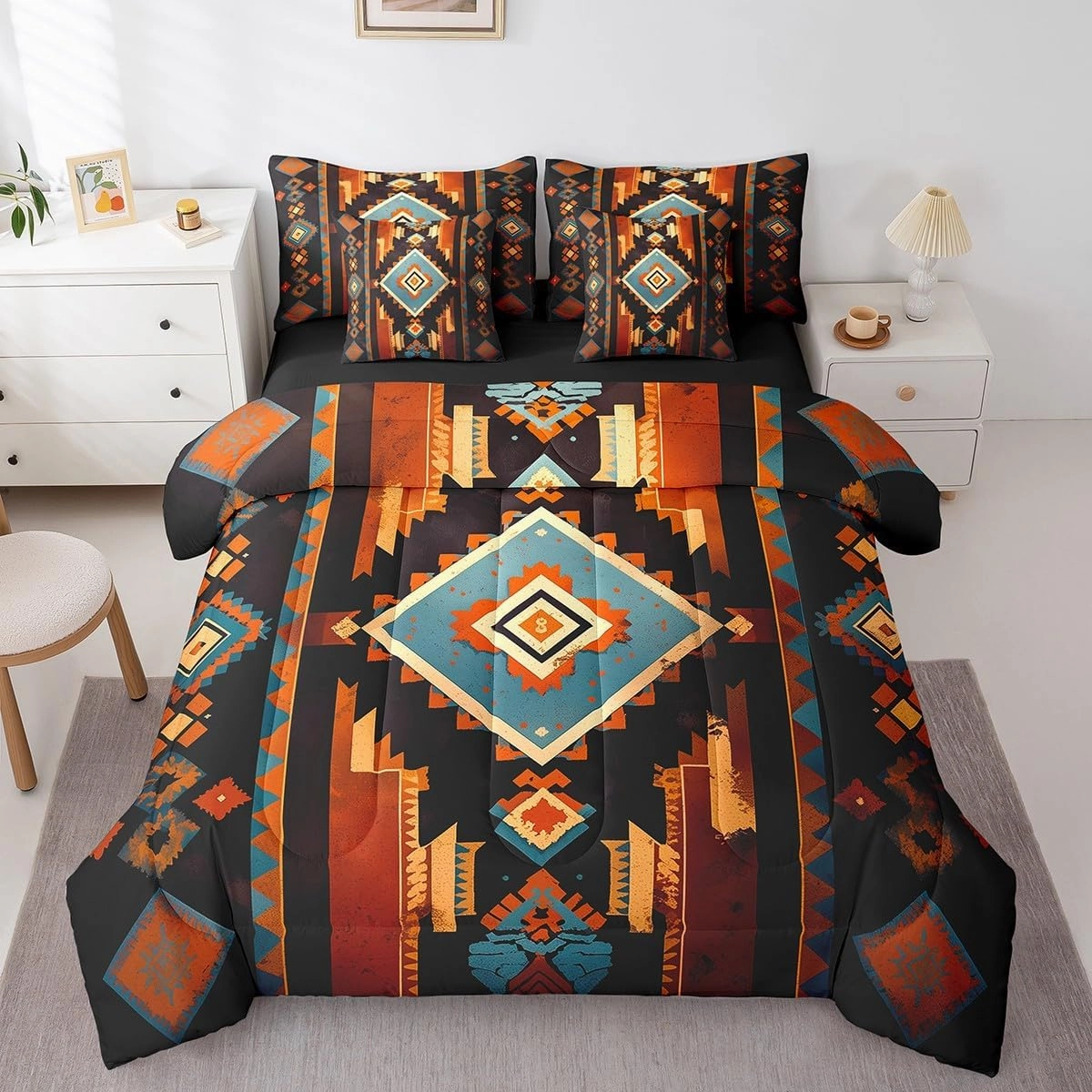 Feelyou Boho 7 Pieces Bedding Set Queen Size Western Decor Comforter Set with Sheets for Kids Boys Girls Southwest Native American Design Bed in a Bag Southwestern Geometric Bed Set