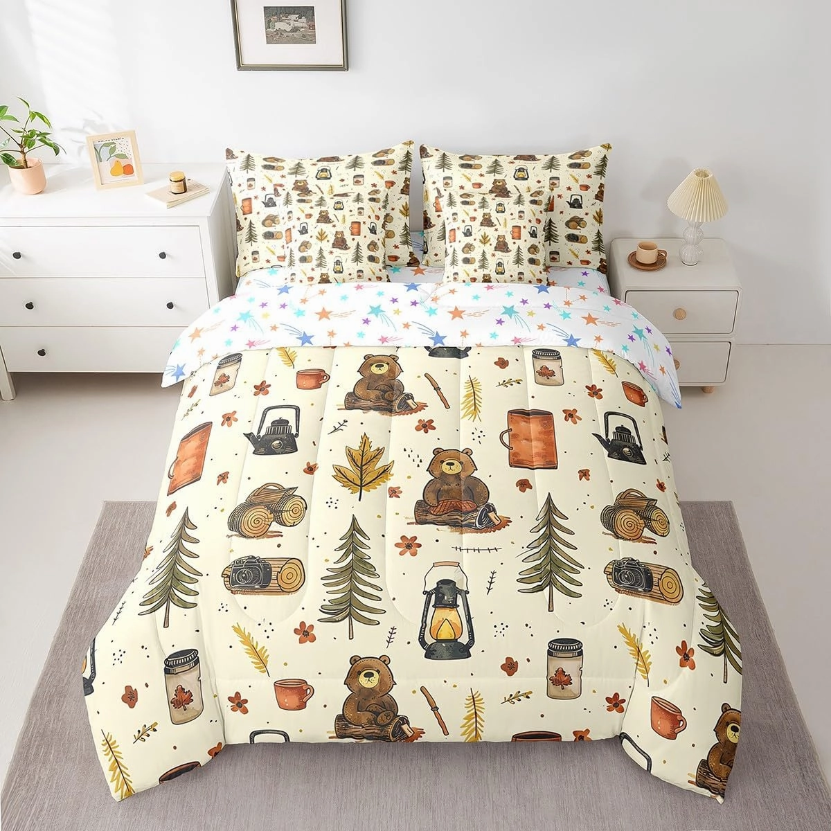 Feelyou Camping Comforter Set with Sheets King Size Happy Camping Bed in a Bag Camper Accessories for Travel Trailers 7 Pieces Bedding Set Camper Bed Set Room Decor Bluish Yellow