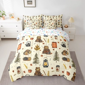 Feelyou Camping Comforter Set with Sheets King Size Happy Camping Bed in a Bag Camper Accessories for Travel Trailers 7 Pieces Bedding Set Camper Bed Set Room Decor Bluish Yellow
