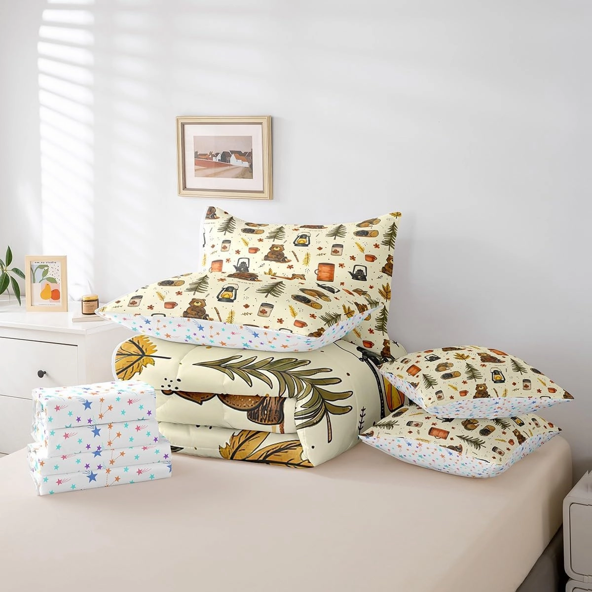 Feelyou Camping Comforter Set with Sheets King Size Happy Camping Bed in a Bag Camper Accessories for Travel Trailers 7 Pieces Bedding Set Camper Bed Set Room Decor Bluish Yellow