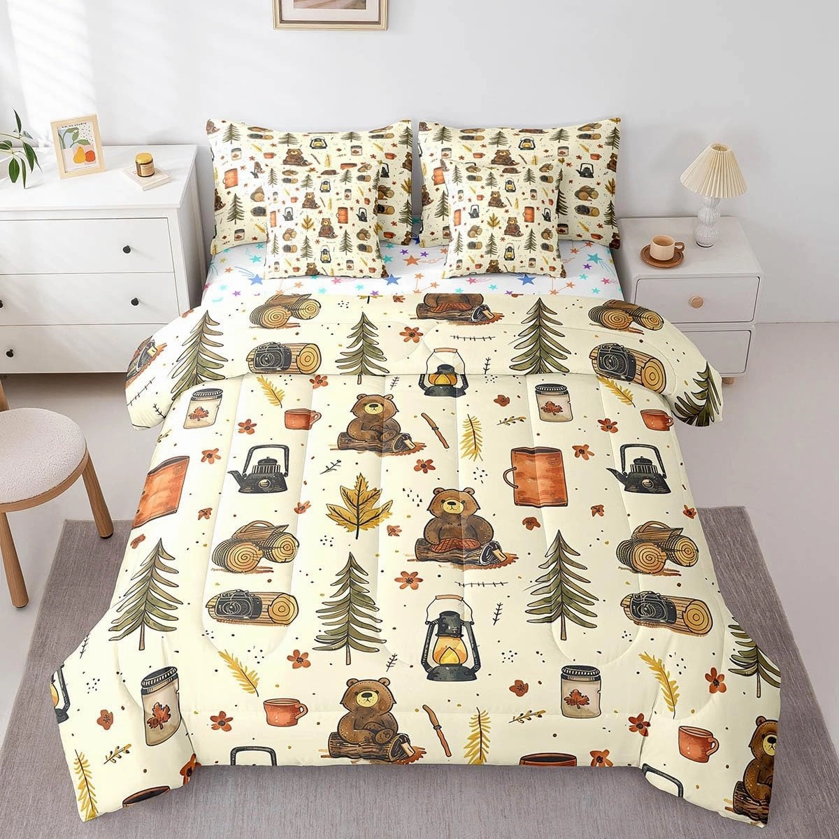 Feelyou Camping Comforter Set with Sheets King Size Happy Camping Bed in a Bag Camper Accessories for Travel Trailers 7 Pieces Bedding Set Camper Bed Set Room Decor Bluish Yellow