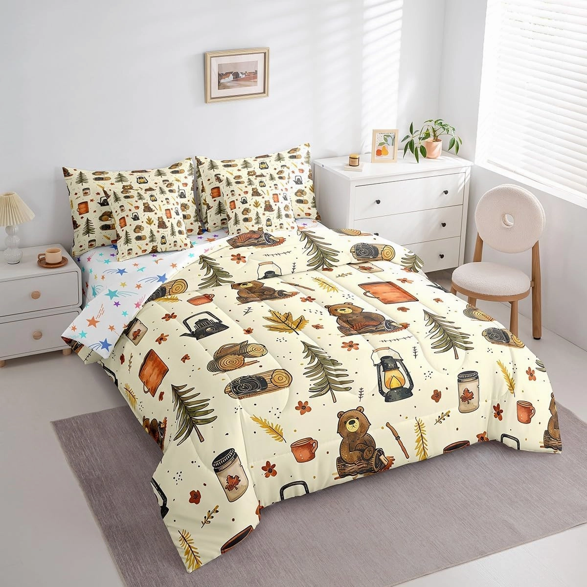 Feelyou Camping Comforter Set with Sheets King Size Happy Camping Bed in a Bag Camper Accessories for Travel Trailers 7 Pieces Bedding Set Camper Bed Set Room Decor Bluish Yellow