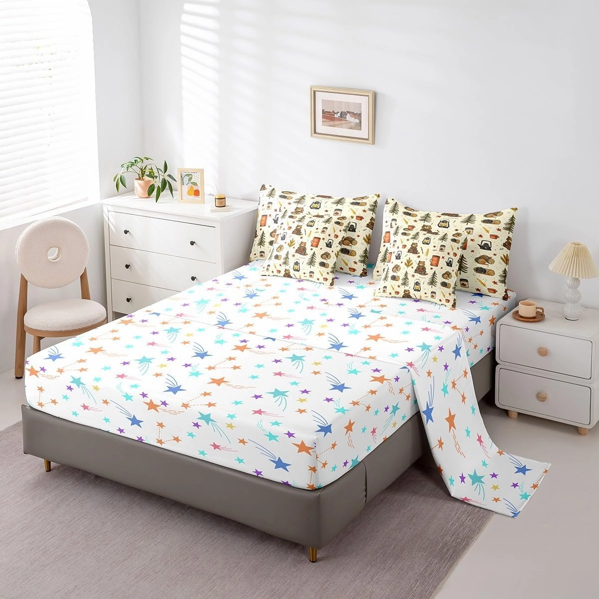 Feelyou Camping Comforter Set with Sheets King Size Happy Camping Bed in a Bag Camper Accessories for Travel Trailers 7 Pieces Bedding Set Camper Bed Set Room Decor Bluish Yellow