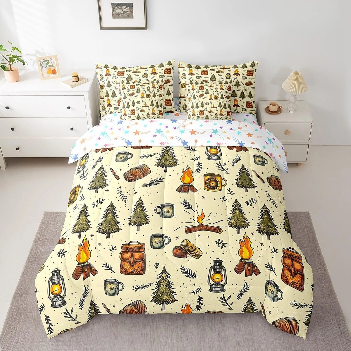 Feelyou Camping Comforter Set with Sheets Twin Size Camper Bed in a Bag for Boys Girls Teens Pines 7 Pieces Bedding Set Camper Bed Set Room Decor Green Beige