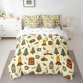 Feelyou Camping Comforter Set with Sheets Twin Size Camper Bed in a Bag for Boys Girls Teens Pines 7 Pieces Bedding Set Camper Bed Set Room Decor Green Beige
