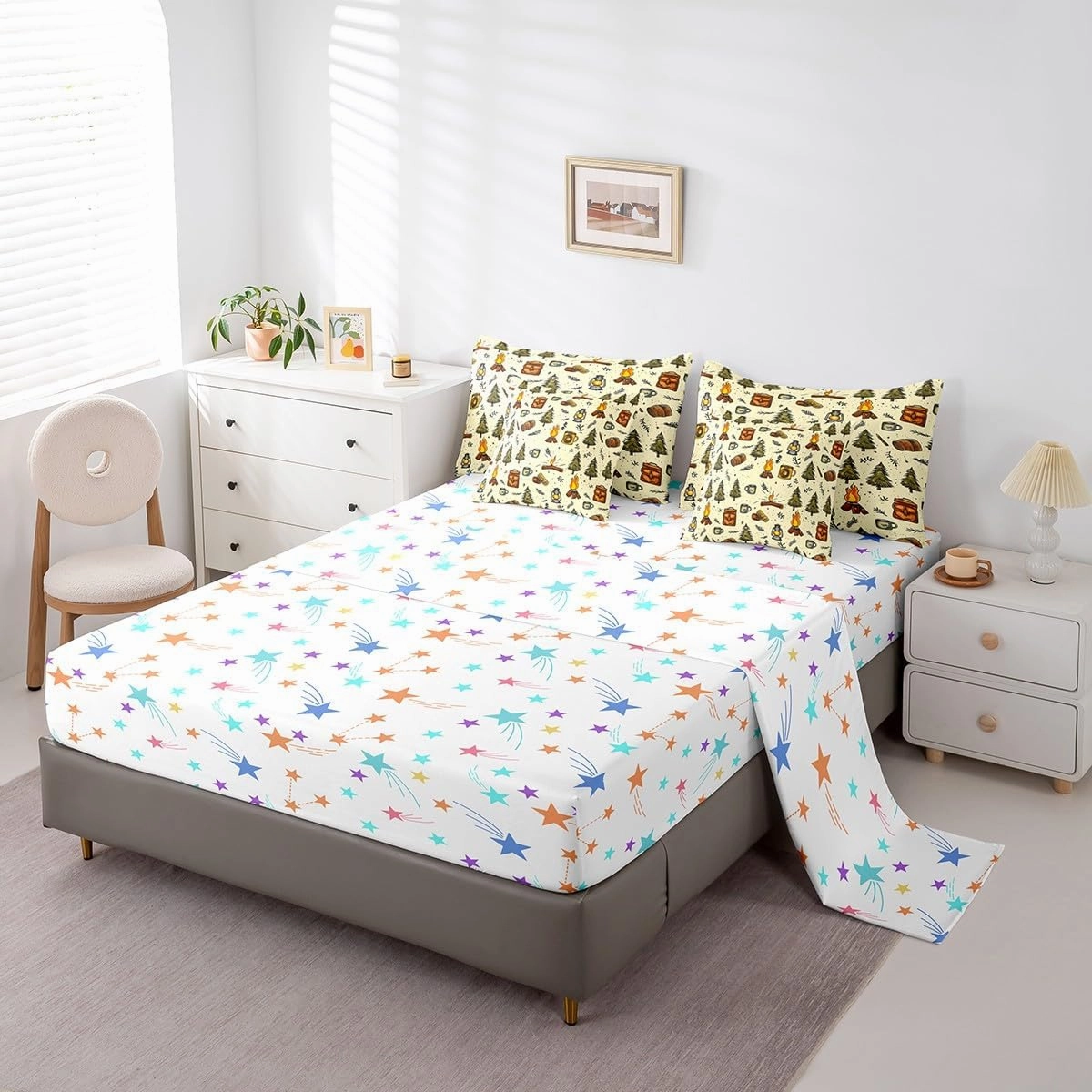 Feelyou Camping Comforter Set with Sheets Twin Size Camper Bed in a Bag for Boys Girls Teens Pines 7 Pieces Bedding Set Camper Bed Set Room Decor Green Beige