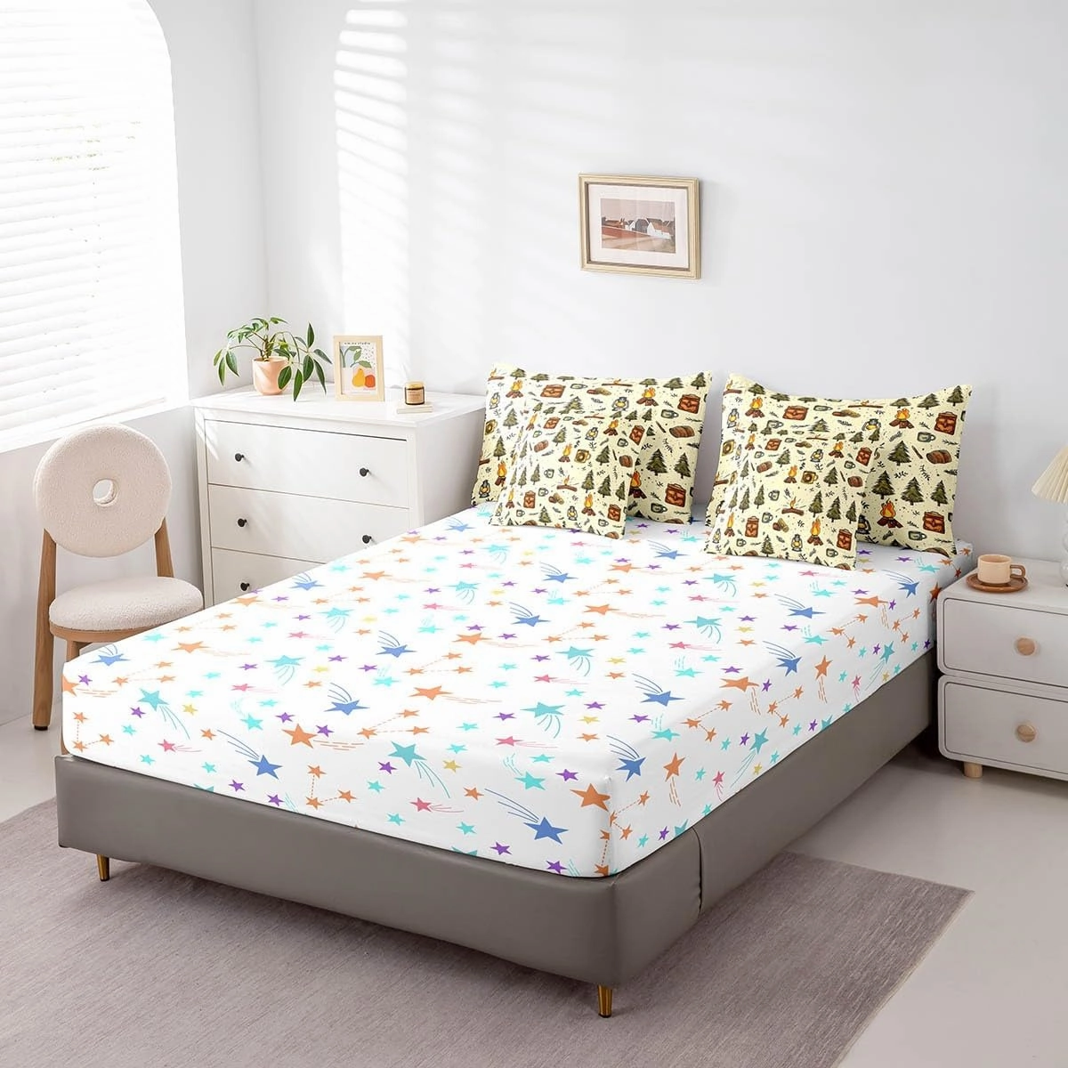 Feelyou Camping Comforter Set with Sheets Twin Size Camper Bed in a Bag for Boys Girls Teens Pines 7 Pieces Bedding Set Camper Bed Set Room Decor Green Beige
