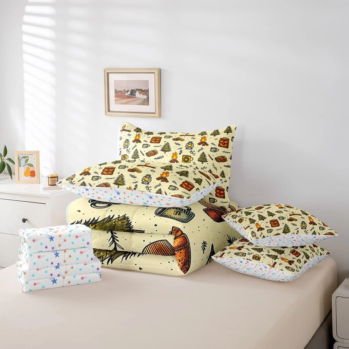 Feelyou Camping Comforter Set with Sheets Twin Size Camper Bed in a Bag for Boys Girls Teens Pines 7 Pieces Bedding Set Camper Bed Set Room Decor Green Beige