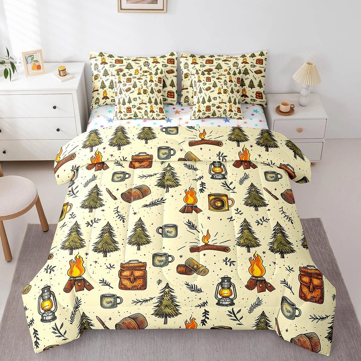 Feelyou Camping Comforter Set with Sheets Twin Size Camper Bed in a Bag for Boys Girls Teens Pines 7 Pieces Bedding Set Camper Bed Set Room Decor Green Beige