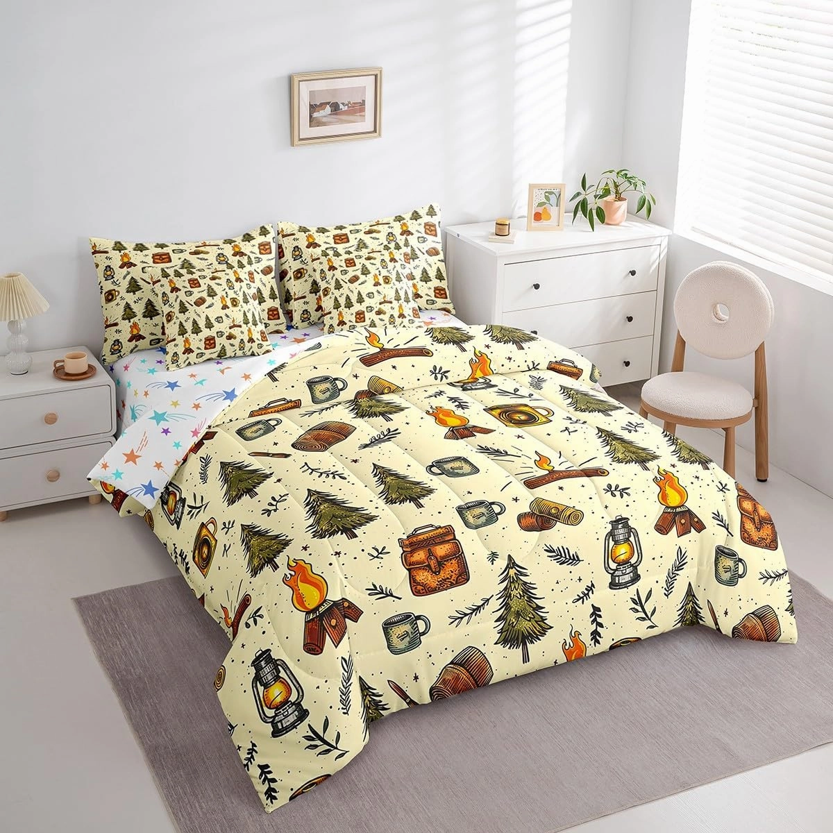 Feelyou Camping Comforter Set with Sheets Twin Size Camper Bed in a Bag for Boys Girls Teens Pines 7 Pieces Bedding Set Camper Bed Set Room Decor Green Beige