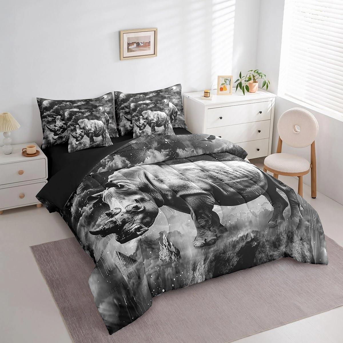 Feelyou Gray Rhinoceros Bedding Set Galaxy Bed in a Bag Wild Animal Comforter Set Twin Size 7 Pieces for Kids Adults Wildlife Bed Set with Comforter, Sheet Set, Pillowcases, Pillow Covers Starry Sky
