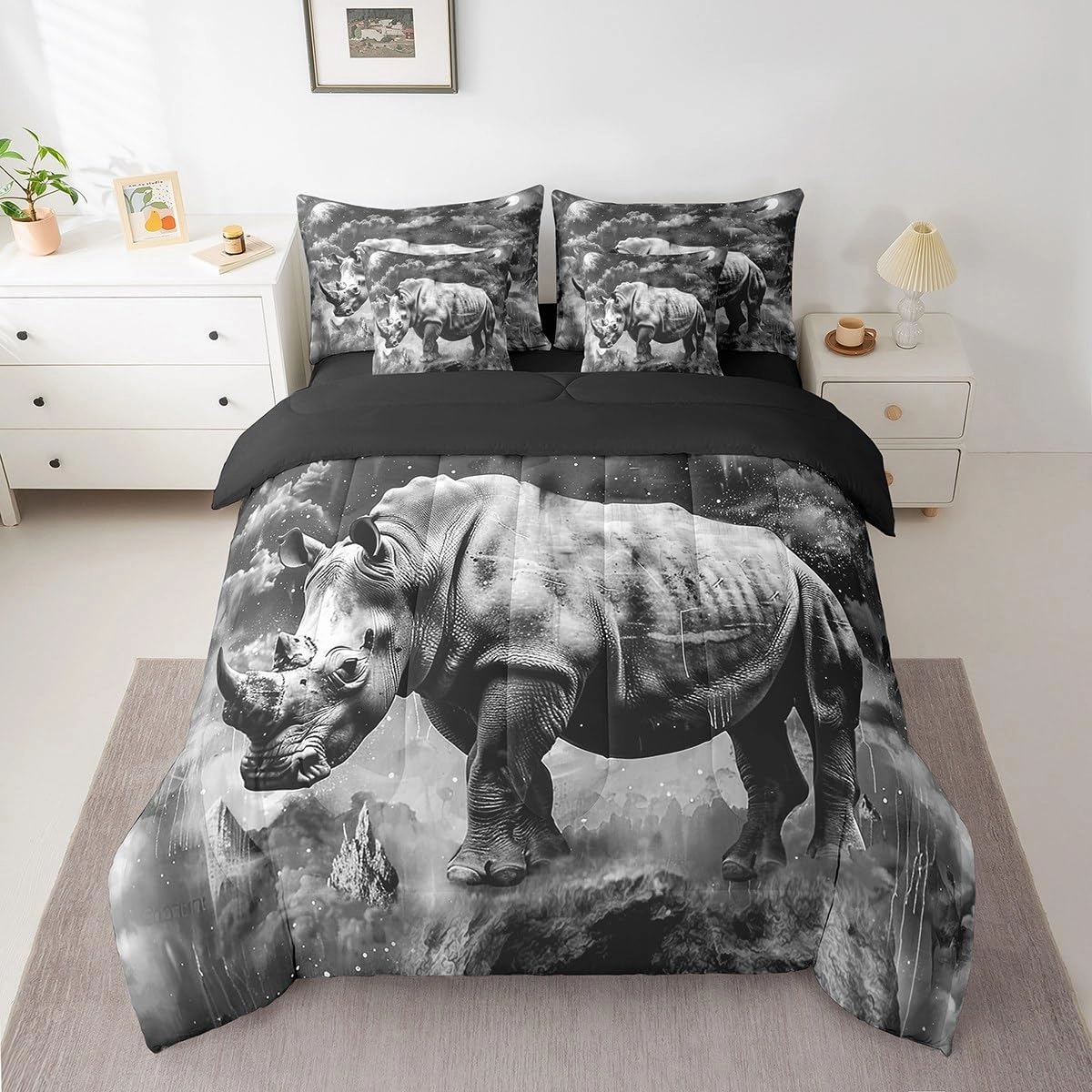 Feelyou Gray Rhinoceros Bedding Set Galaxy Bed in a Bag Wild Animal Comforter Set Twin Size 7 Pieces for Kids Adults Wildlife Bed Set with Comforter, Sheet Set, Pillowcases, Pillow Covers Starry Sky