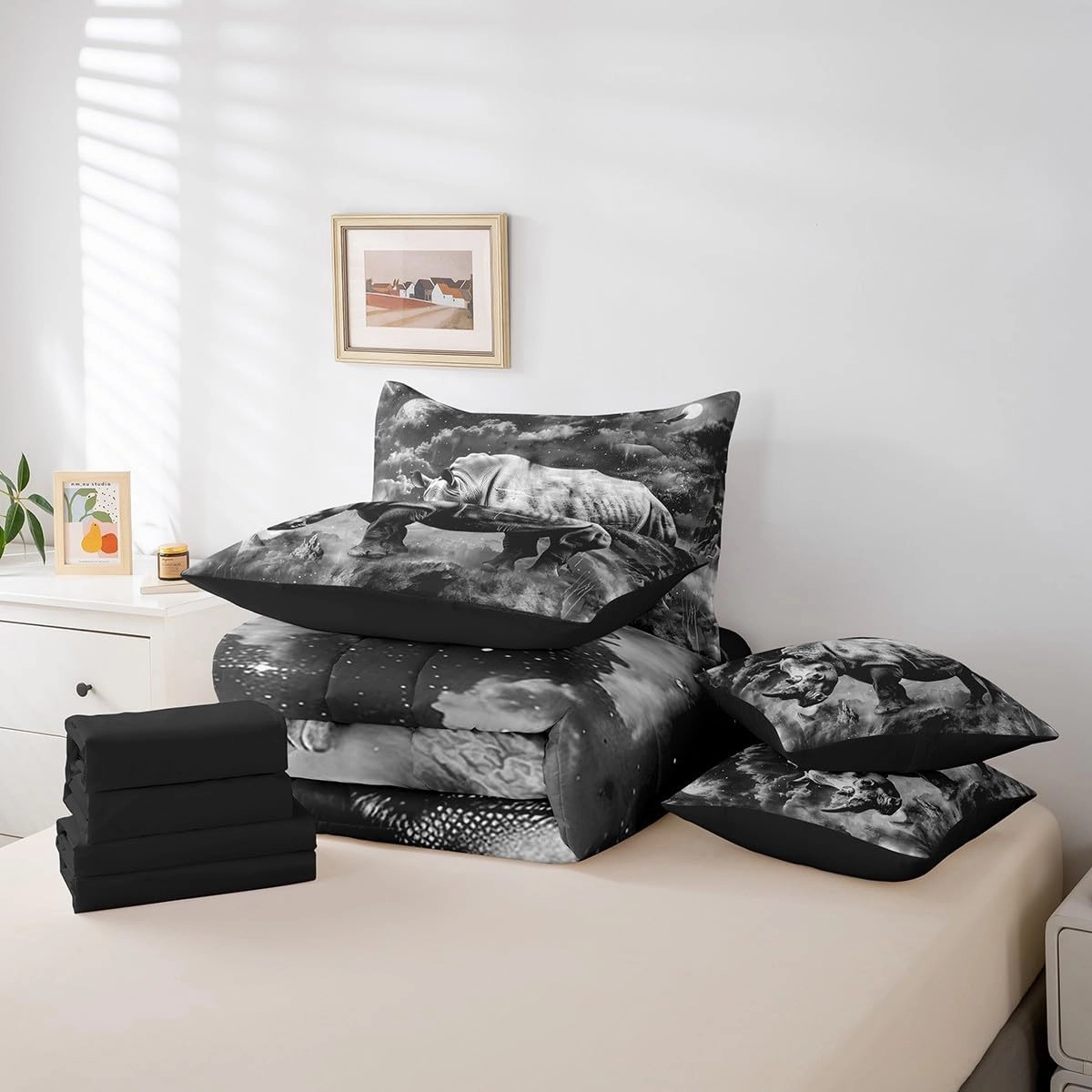 Feelyou Gray Rhinoceros Bedding Set Galaxy Bed in a Bag Wild Animal Comforter Set Twin Size 7 Pieces for Kids Adults Wildlife Bed Set with Comforter, Sheet Set, Pillowcases, Pillow Covers Starry Sky