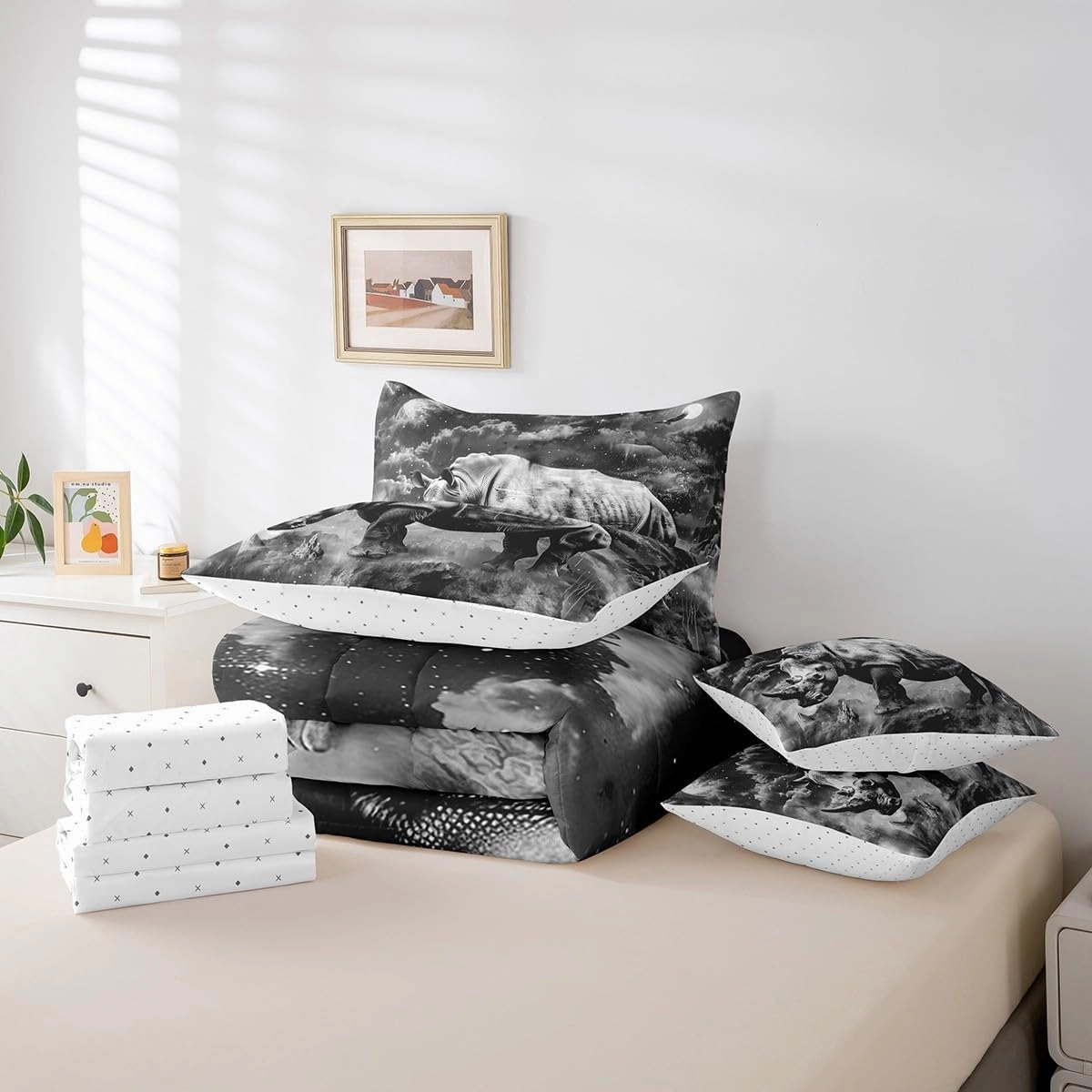 Feelyou Gray Rhinoceros Bedding Set Galaxy Bed in a Bag Wild Animal Comforter Set Twin Size 7 Pieces for Kids Adults Wildlife Bed Set with Comforter, Sheet Set, Pillowcases, Pillow Covers Starry Sky