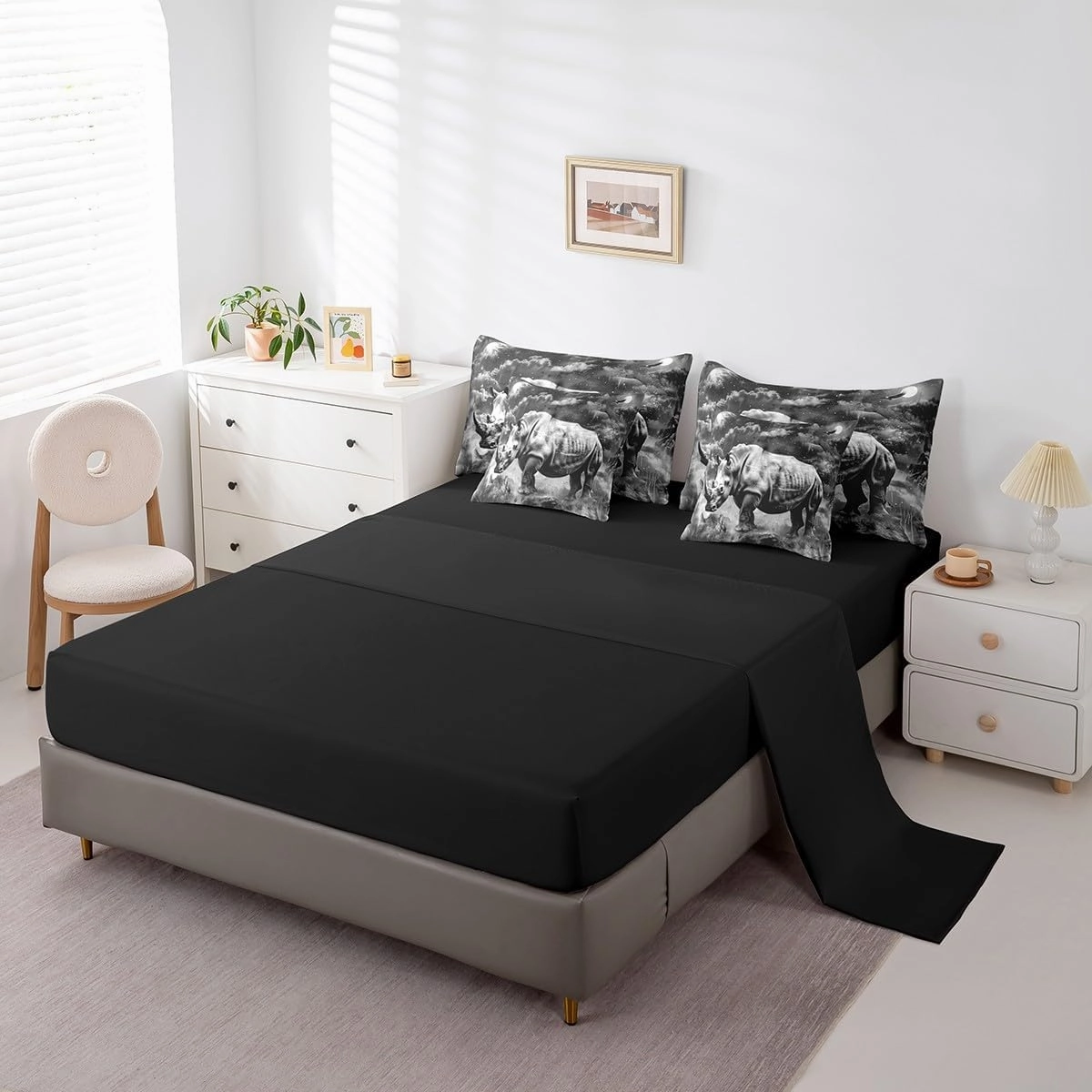 Feelyou Gray Rhinoceros Bedding Set Galaxy Bed in a Bag Wild Animal Comforter Set Twin Size 7 Pieces for Kids Adults Wildlife Bed Set with Comforter, Sheet Set, Pillowcases, Pillow Covers Starry Sky
