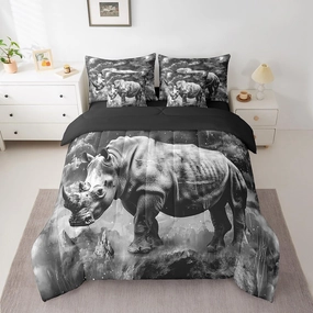 Feelyou Gray Rhinoceros Bedding Set Galaxy Bed in a Bag Wild Animal Comforter Set Twin Size 7 Pieces for Kids Adults Wildlife Bed Set with Comforter, Sheet Set, Pillowcases, Pillow Covers Starry Sky