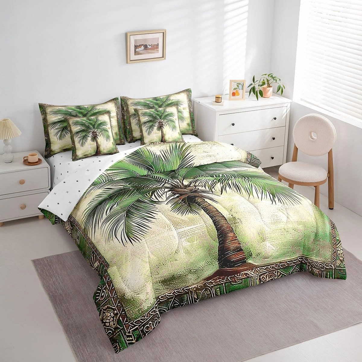 Feelyou Green Palm Tree Print 7 Pieces Bedding Set Palm Leaf Full Comforter Set with Sheets for Boys Girls Kids Room Decor Beach Theme Bed in a Bag Hawaiian Beach Bed Set Botanical Nature Theme