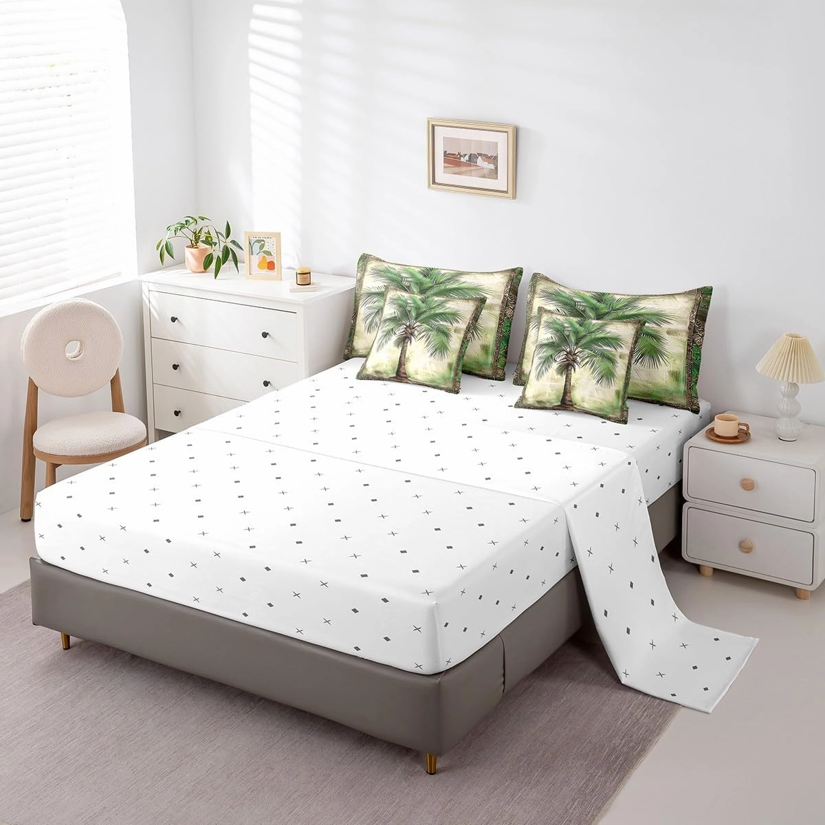 Feelyou Green Palm Tree Print 7 Pieces Bedding Set Palm Leaf Full Comforter Set with Sheets for Boys Girls Kids Room Decor Beach Theme Bed in a Bag Hawaiian Beach Bed Set Botanical Nature Theme