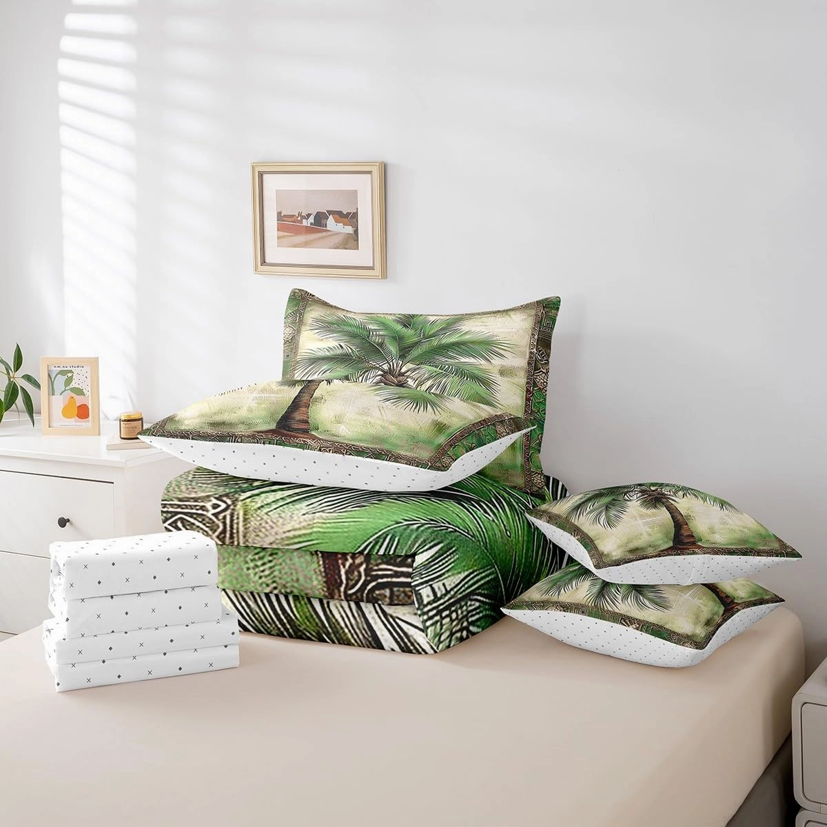 Feelyou Green Palm Tree Print 7 Pieces Bedding Set Palm Leaf Full Comforter Set with Sheets for Boys Girls Kids Room Decor Beach Theme Bed in a Bag Hawaiian Beach Bed Set Botanical Nature Theme
