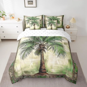 Feelyou Green Palm Tree Print 7 Pieces Bedding Set Palm Leaf Full Comforter Set with Sheets for Boys Girls Kids Room Decor Beach Theme Bed in a Bag Hawaiian Beach Bed Set Botanical Nature Theme