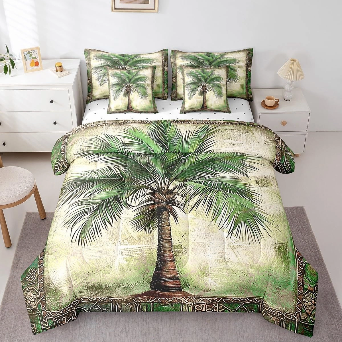 Feelyou Green Palm Tree Print 7 Pieces Bedding Set Palm Leaf Full Comforter Set with Sheets for Boys Girls Kids Room Decor Beach Theme Bed in a Bag Hawaiian Beach Bed Set Botanical Nature Theme
