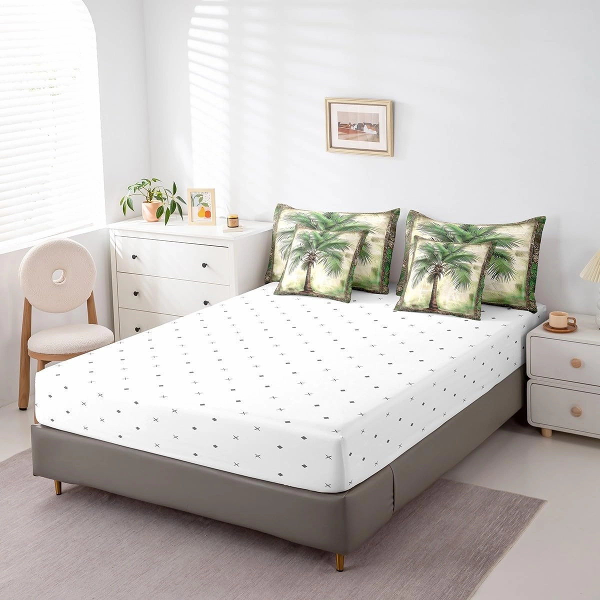 Feelyou Green Palm Tree Print 7 Pieces Bedding Set Palm Leaf Full Comforter Set with Sheets for Boys Girls Kids Room Decor Beach Theme Bed in a Bag Hawaiian Beach Bed Set Botanical Nature Theme