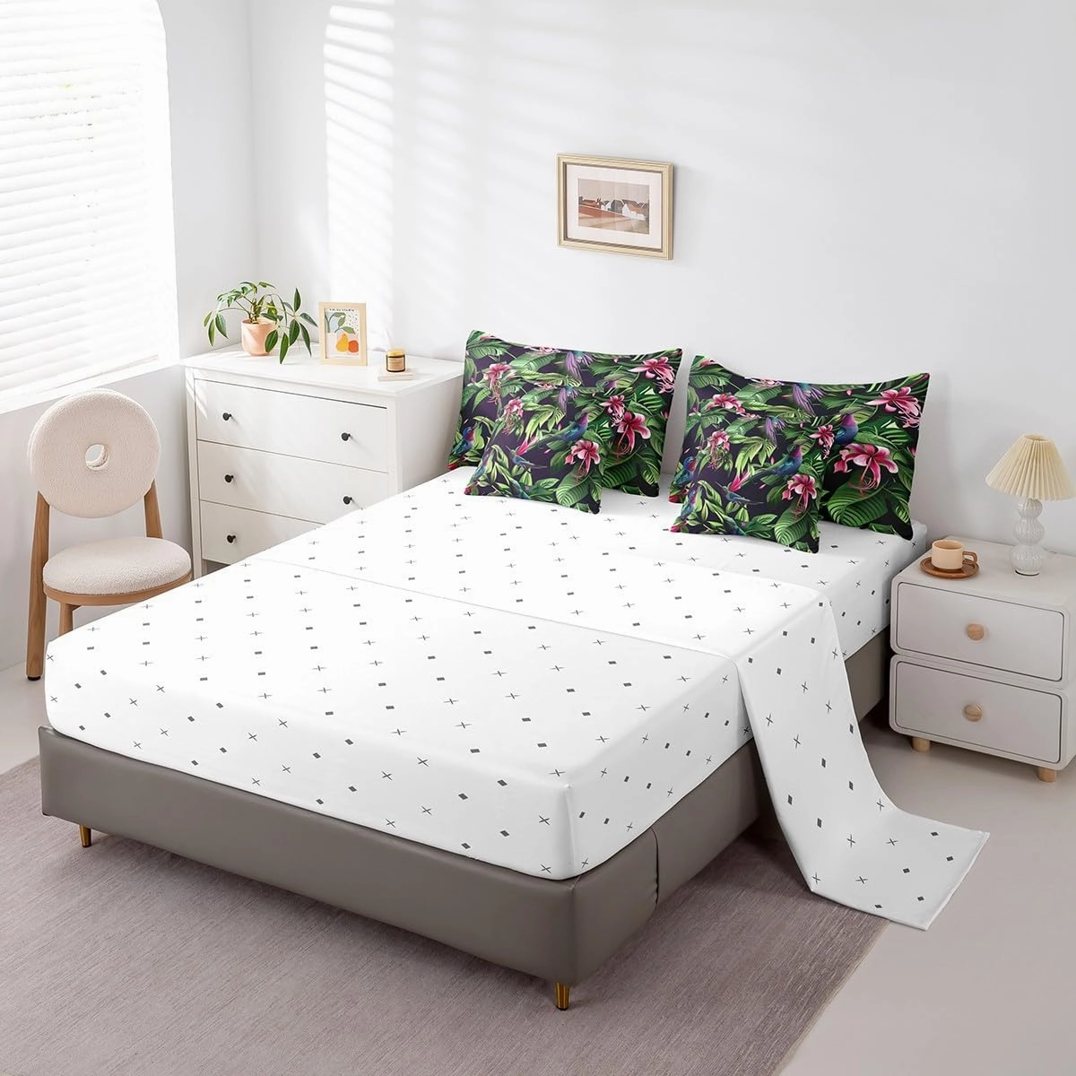 Feelyou Hummingbird 7 Pieces Bedding Set Boys Girls Tropical Birds King Comforter Set with Sheets Hummingbird Flowers Bed in a Bag Farmhouse Garden Bed Set Room Decor Blossoming Iris Flowers