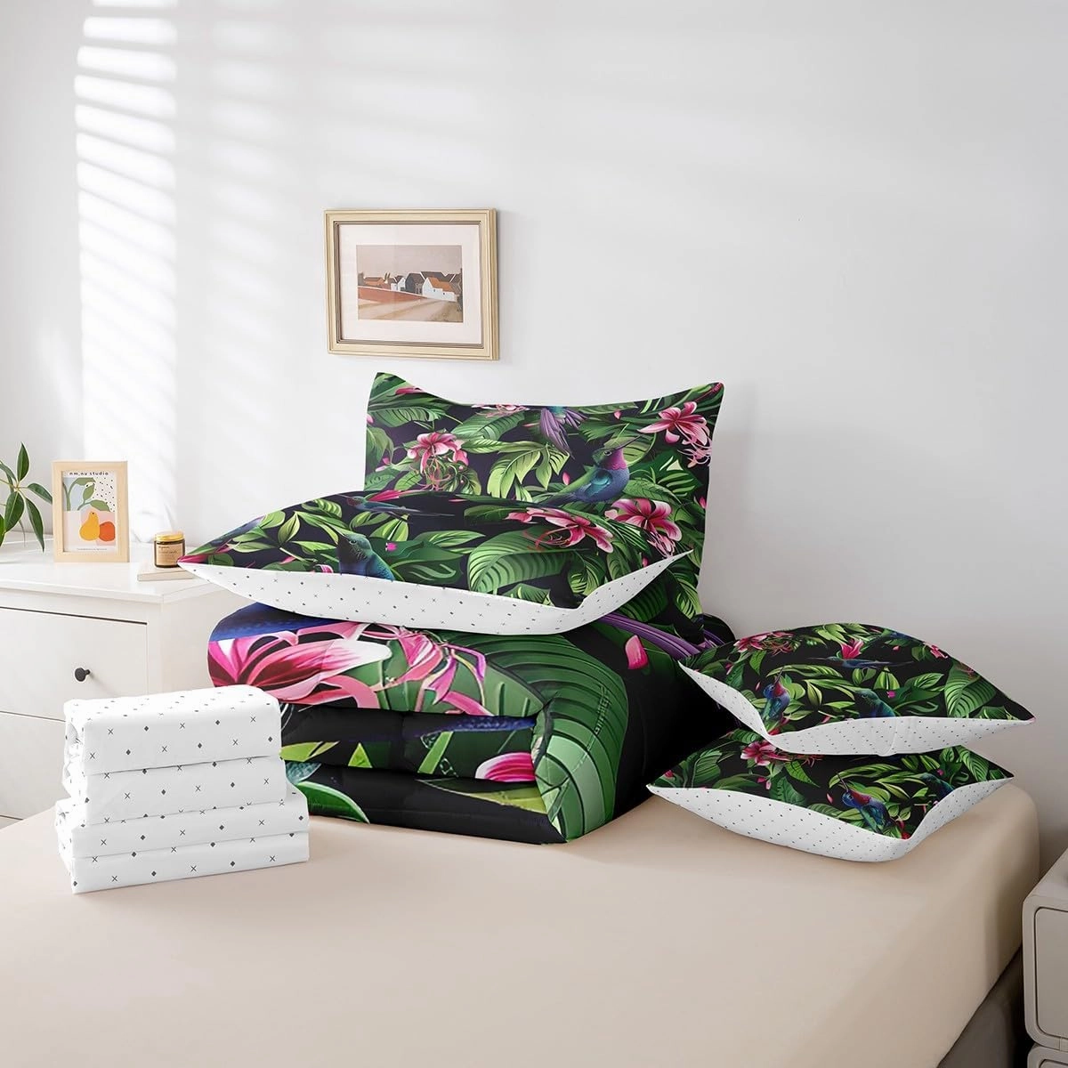 Feelyou Hummingbird 7 Pieces Bedding Set Boys Girls Tropical Birds King Comforter Set with Sheets Hummingbird Flowers Bed in a Bag Farmhouse Garden Bed Set Room Decor Blossoming Iris Flowers