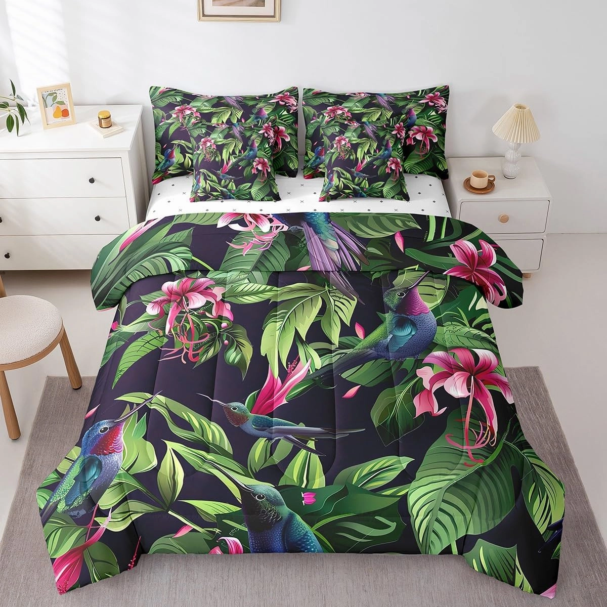 Feelyou Hummingbird 7 Pieces Bedding Set Boys Girls Tropical Birds King Comforter Set with Sheets Hummingbird Flowers Bed in a Bag Farmhouse Garden Bed Set Room Decor Blossoming Iris Flowers