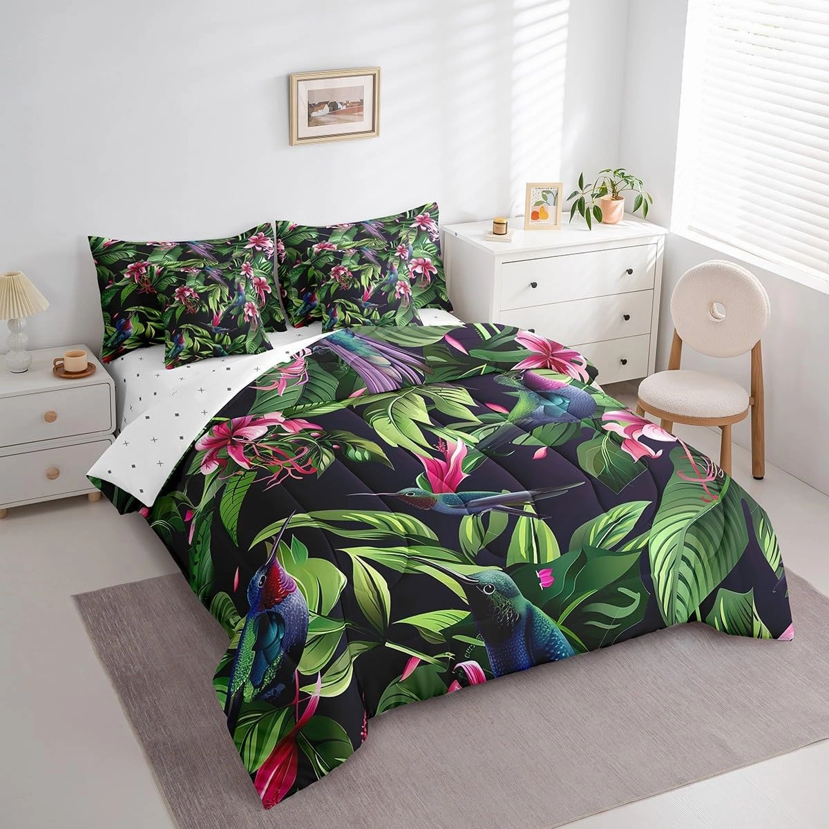 Feelyou Hummingbird 7 Pieces Bedding Set Boys Girls Tropical Birds King Comforter Set with Sheets Hummingbird Flowers Bed in a Bag Farmhouse Garden Bed Set Room Decor Blossoming Iris Flowers