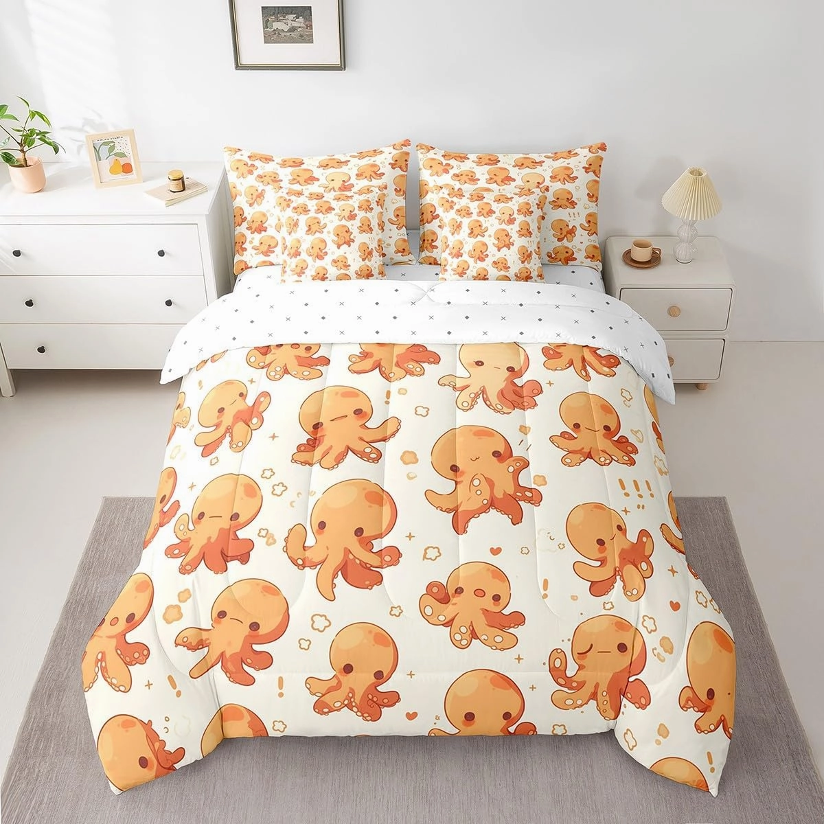 Feelyou Kids Octopus Full Comforter Set with Sheets Ocean Kraken 7 Pieces Bedding Set for Toddler Boys Girls Teens Tentacles Bed in a Bag Sealife Sea Animal Bed Set