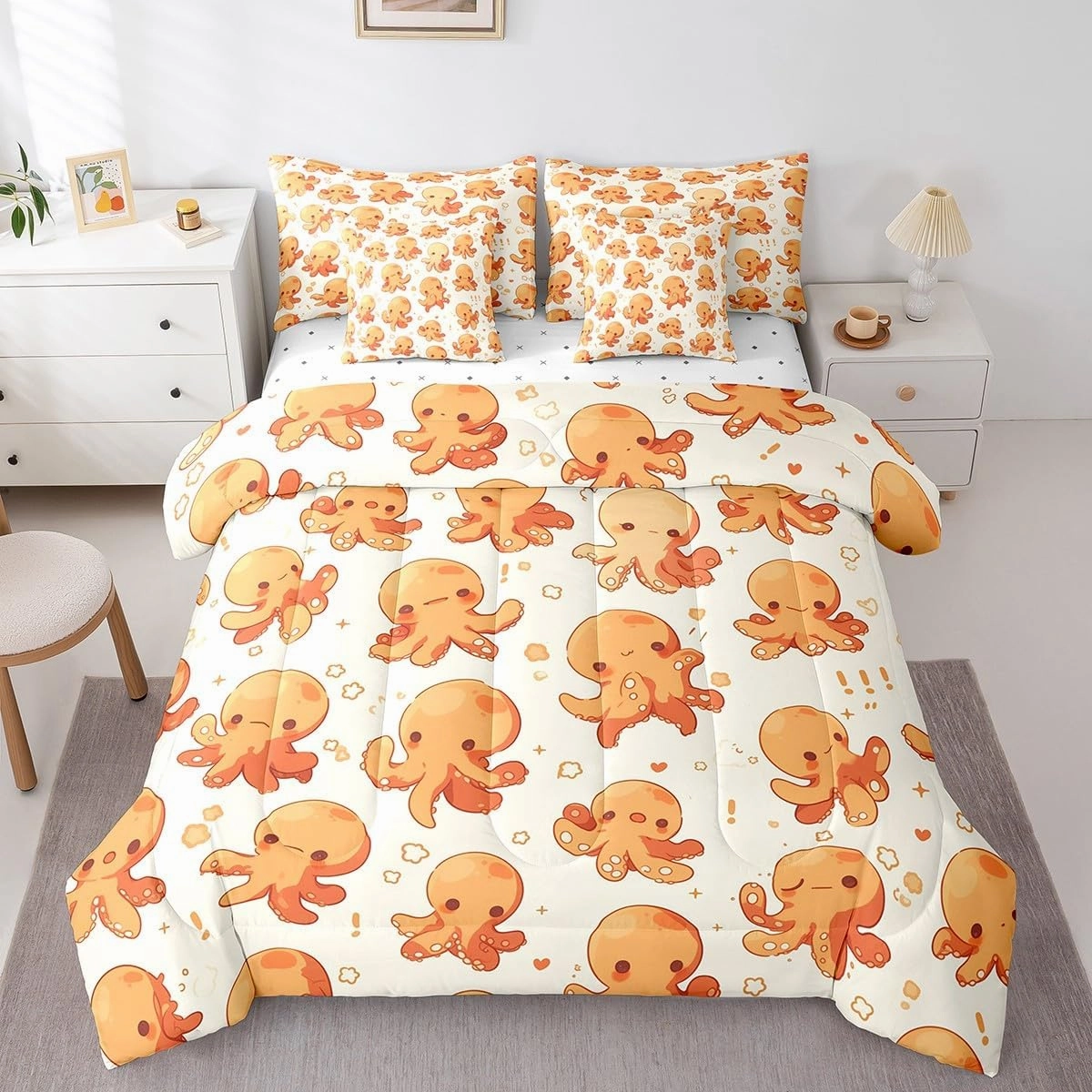 Feelyou Kids Octopus Full Comforter Set with Sheets Ocean Kraken 7 Pieces Bedding Set for Toddler Boys Girls Teens Tentacles Bed in a Bag Sealife Sea Animal Bed Set