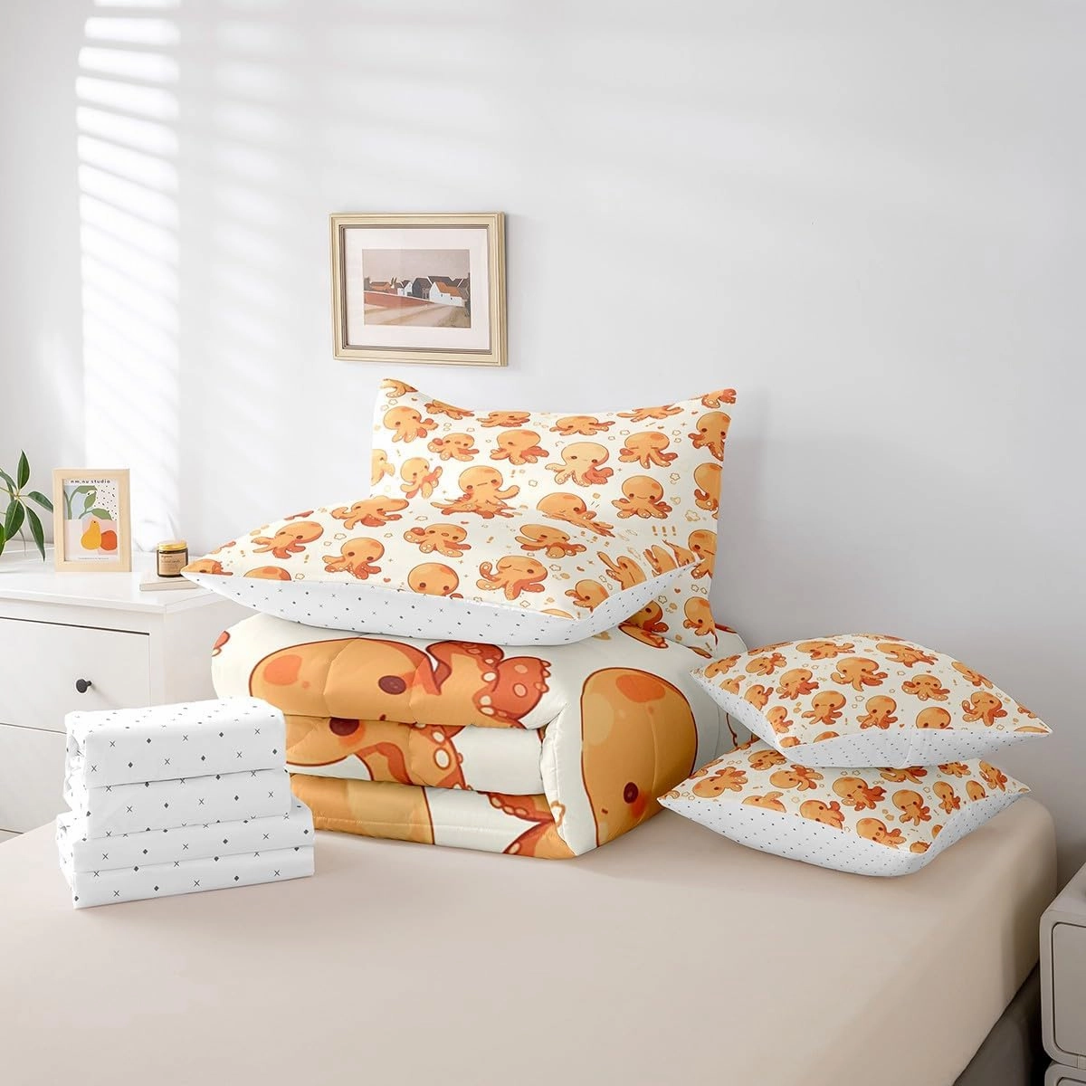 Feelyou Kids Octopus Full Comforter Set with Sheets Ocean Kraken 7 Pieces Bedding Set for Toddler Boys Girls Teens Tentacles Bed in a Bag Sealife Sea Animal Bed Set