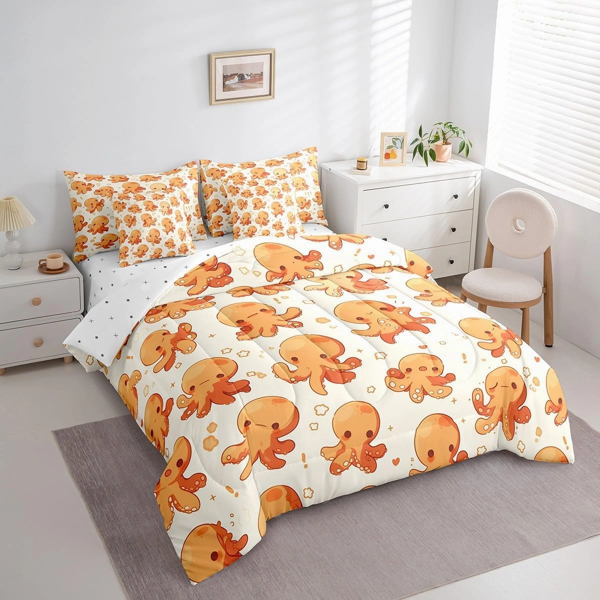 Feelyou Kids Octopus Full Comforter Set with Sheets Ocean Kraken 7 Pieces Bedding Set for Toddler Boys Girls Teens Tentacles Bed in a Bag Sealife Sea Animal Bed Set
