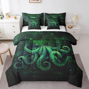 Feelyou Kids Octopus Tentacles for Kids Green Ocean Kraken 7 Piece Bedding Set Galaxy Bed in a Bag Bedding Sets with Comforter, Pillowcases, Flat Sheet, Fitted Sheet and Cushion Cover