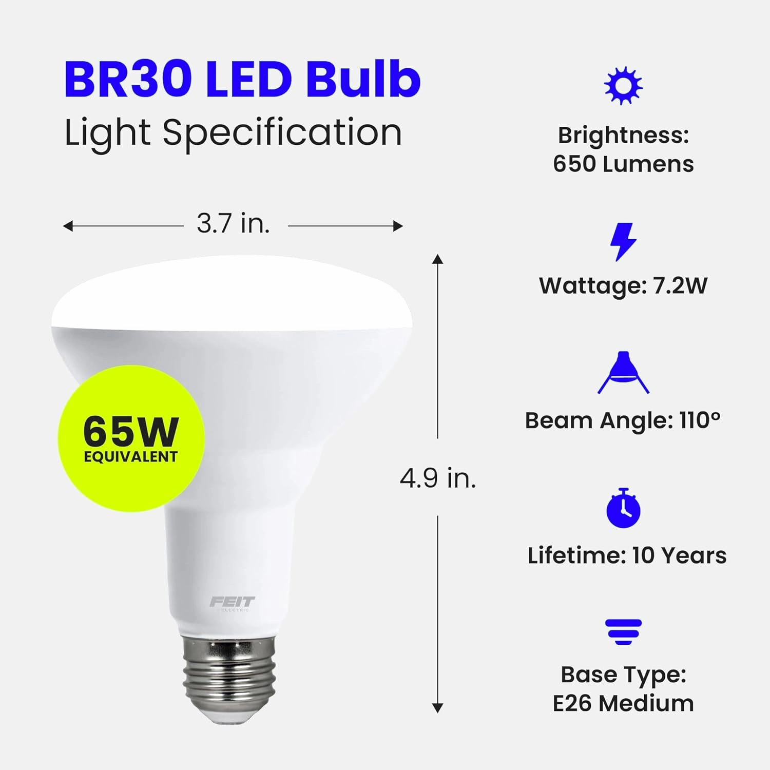 Feit Electric BR30 LED Light Bulb, 65W Equivalent, Dimmable, 650 Lumens, E26 Standard Base, 2700K Soft White, 90 CRI, Recessed Can Light Bulbs, 12-Year Lifetime, BR30DM927CA10K/MP/12, 12 Pack