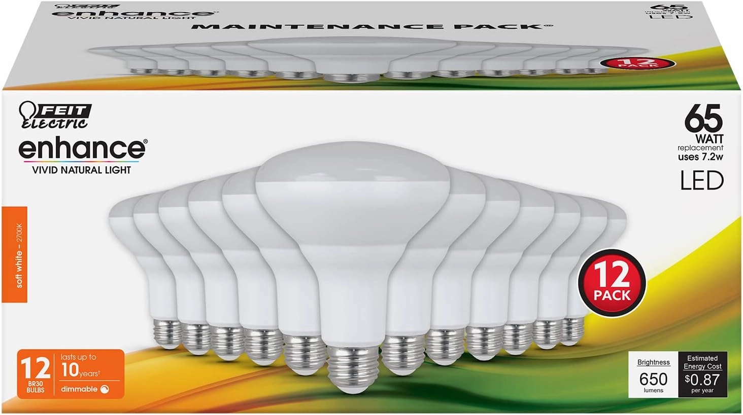 Feit Electric BR30 LED Light Bulb, 65W Equivalent, Dimmable, 650 Lumens, E26 Standard Base, 2700K Soft White, 90 CRI, Recessed Can Light Bulbs, 12-Year Lifetime, BR30DM927CA10K/MP/12, 12 Pack