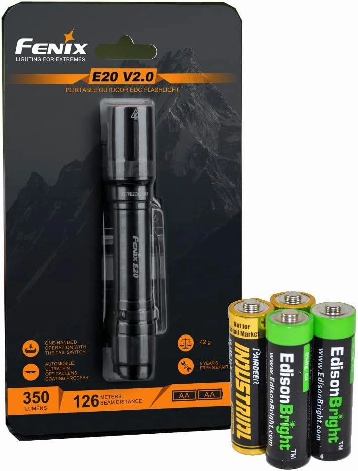 Fenix E20 V2 350 Lumen LED Tactical Flashlight with Two EdisonBright AA Alkaline Batteries