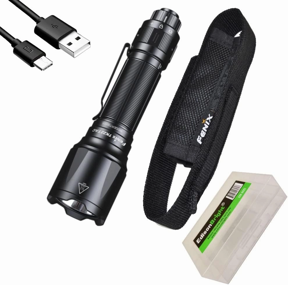 Fenix TK22TAC 2800 Lumen LED Tactical Flashlight TK22 TAC, USB Rechargeable ARB-L21-5000U Battery and EdisonBright BBX5 Battery Carrying case Bundle