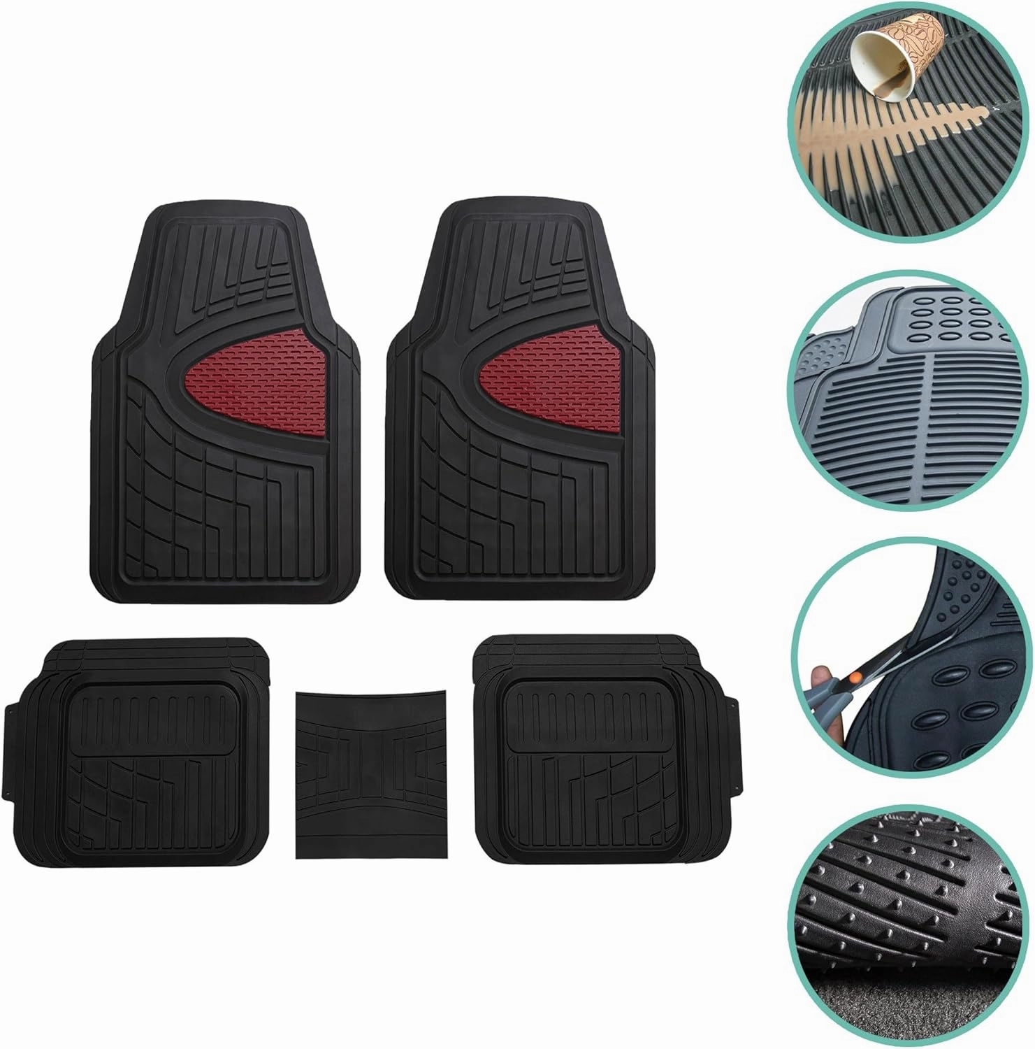 FH Group Car Floor Mats - Heavy-Duty Rubber Floor Mats for Cars, Universal Fit Full Set, Trimmable Automotive Floor Mats, Climaproof Floor Mats for Most Sedan, SUV, Truck Floor Mats Burgundy