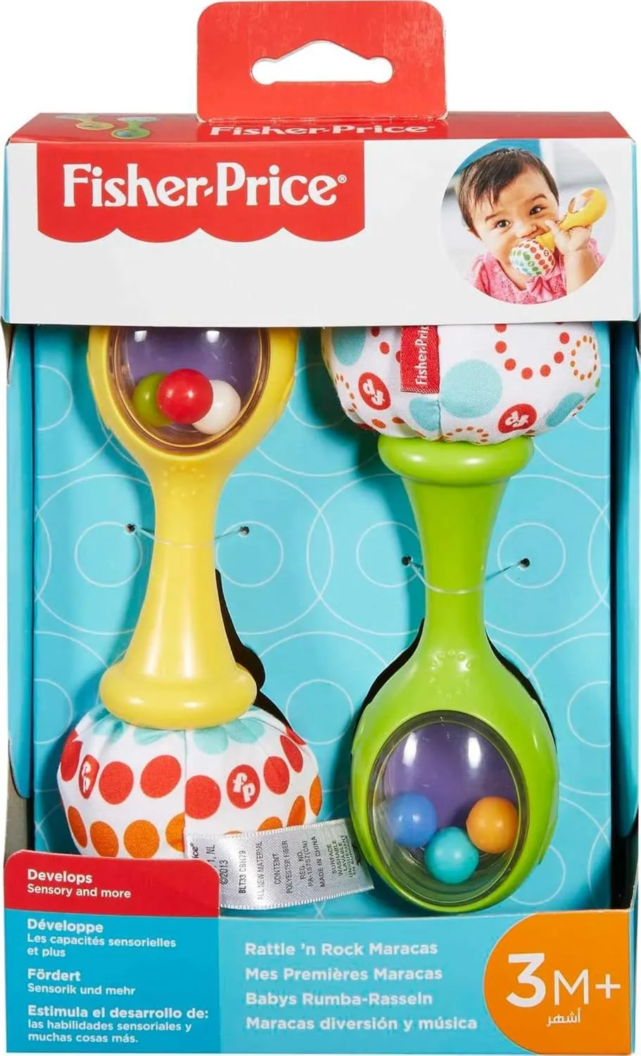 Fisher-Price Newborn Toys Rattle ‘n Rock Maracas, 2 Soft Musical Instruments for Developmental Play Babies Ages 3  Months, Green & Yellow