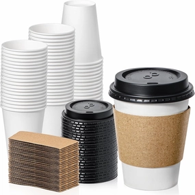 Fit Meal Prep 100 Pack 12 oz Disposable Coffee Cups with Lids, Sleeves, Leak-Proof To Go Coffee Cups with Lids, Durable Paper Cups for Hot Beverage, Home, Office, Party