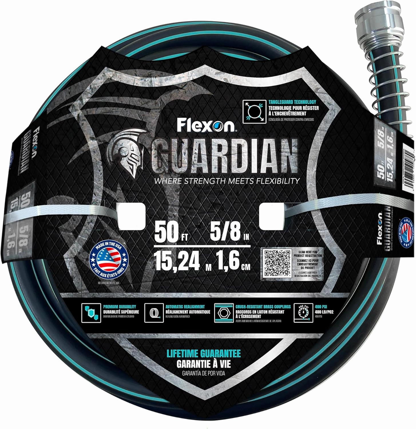 Flexon 5/8" x 50 ft. Guardian Heavy Duty Kink Resistant Garden Hose with TangleGuard Technology – Durable, Flexible, Tangle-Free Watering, Ideal for Lawn, Garden, and Outdoor Use