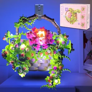 Flower Basket Building Set with LED String Light, Flower Bouquet Building Blocks Wall Decor for Boys Girls Age 3 , Teen, Adult, Gift for Mother's Day, Christmas etc.